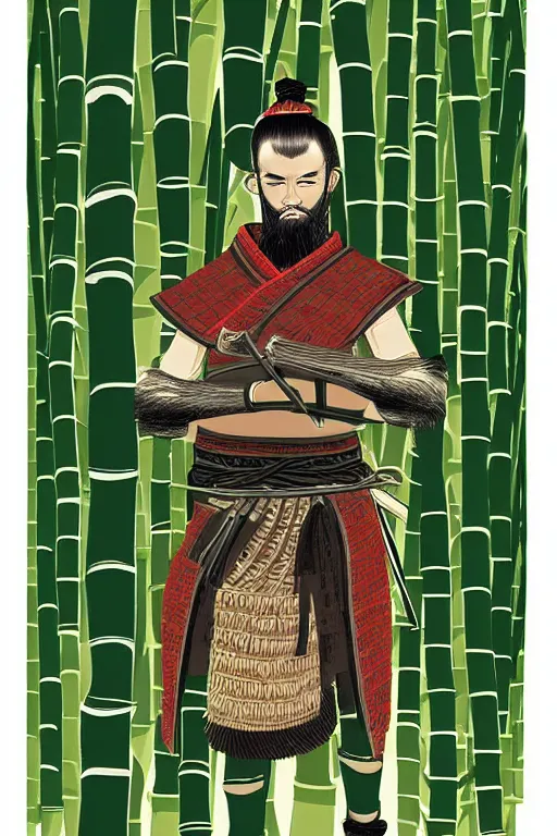 Image similar to close up of samurai warrior in a bamboo forest, an illustration by joe david benzal