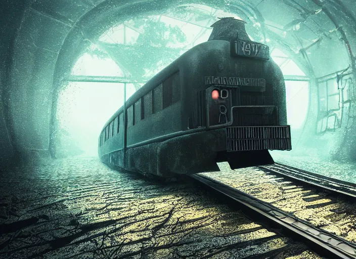 Prompt: hyperealistic underwater old train arrive to station with glowing window, high detailed, misty glows, seaweed, digital art, octane render