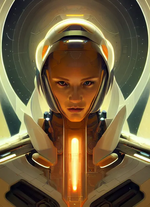 Image similar to symmetry, hi - tech robot in a spaceship intricate, elegant, highly detailed, digital painting, artstation, concept art, smooth, sharp focus, illustration, art by artgerm and greg rutkowski and alphonse mucha