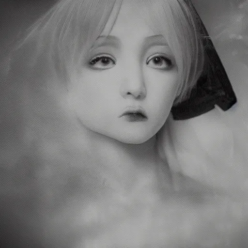Prompt: Dreamy and blurry portrait of an anime girl with white hair and cracks on her face wearing dress suit with tie fluttering in the wind, abstract black and white patterns on the background, head turned to the side, noisy film grain effect, highly detailed, Renaissance oil painting, weird camera angle