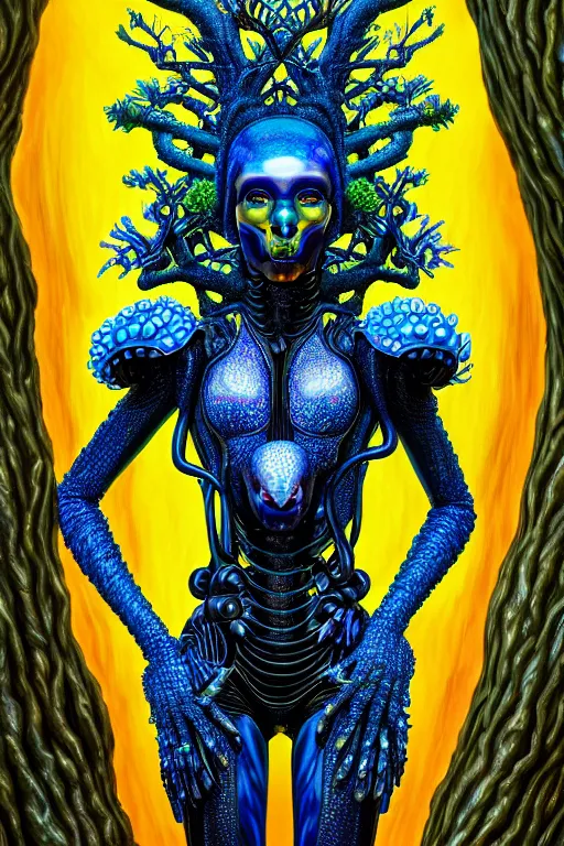 Image similar to hyperrealistic post-maximalist super expressive! black woman with exoskeleton armor, merging with tree in a forest, highly detailed digital art masterpiece smooth cam de leon hannah yata dramatic pearlescent blue yellow light ground angle hd 8k sharp focus