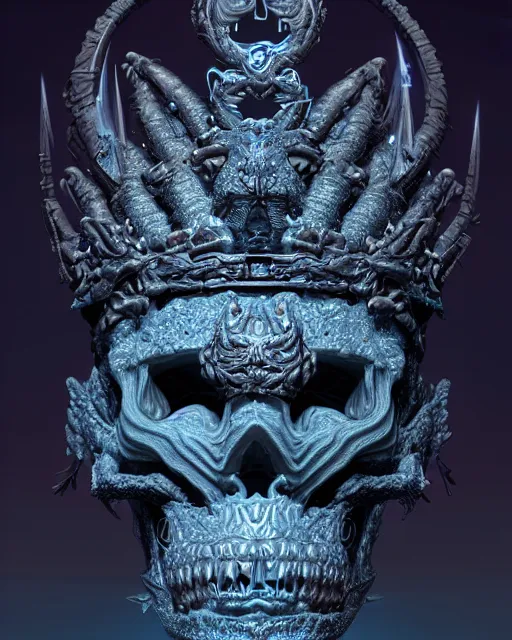 Image similar to 3 d ornate carved dark cosmic king with profile portrait, sigma 5 0 0 mm f / 5. beautiful intricate highly detailed quetzalcoatl skull. bioluminescent, plasma, lava, ice, water, wind, creature, thunderstorm! artwork by tooth wu and wlop and beeple and greg rutkowski, 8 k trending on artstation