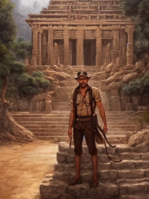 Prompt: indiana jones standing in front of an ancient temple, digital painting, extremely detailed, 4 k, intricate, artgerm, by zhenyu liu