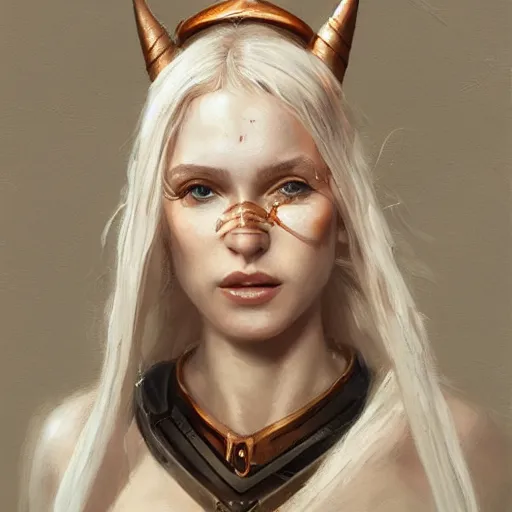 Image similar to A detailed oil portrait of a blonde elf woman with small horns of copper and copper scales covering her arm and neck wearing a simple white robe, by greg rutkowski, trending on artstation, dungeon and dragons art