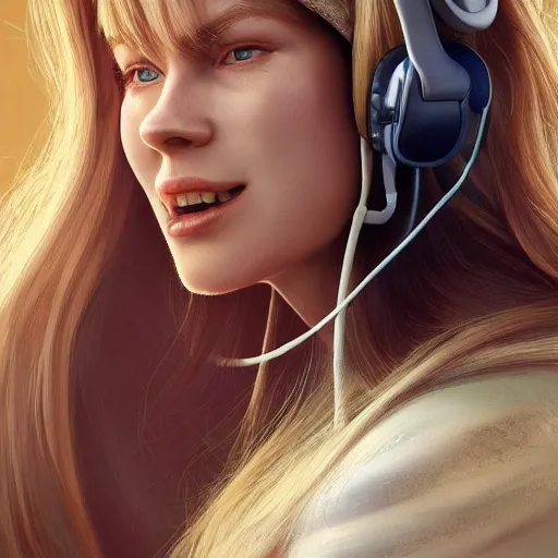 Image similar to epic action shot of beautiful swedish woman with symmetrical face stunning eyes and long blonde hair wearing headset laughing, weta disney pixar, hi - fructose, decadent highly - detailed digital painting, golden ratio, octane render, artstation, cinematic composition, smooth, sharp focus, artgerm, mucha, loish, wlop hdr