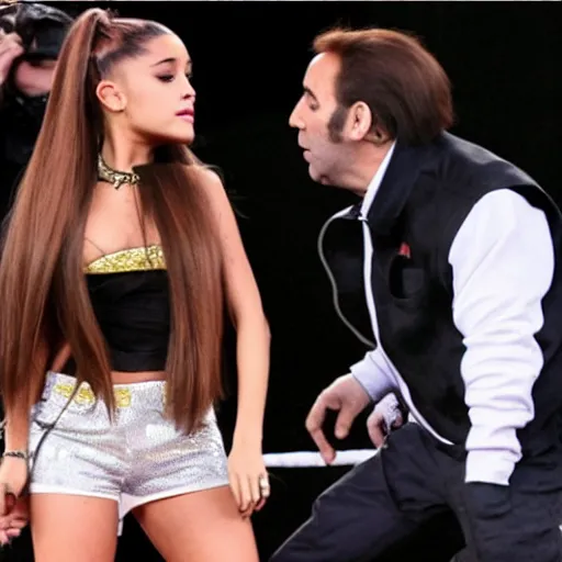 Image similar to ariana grande fights nicolas cage in ring