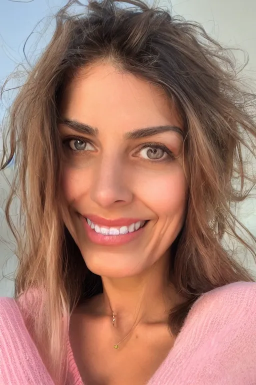 Image similar to olive skinned female model in her thirties, wearing pink v - neck sweater, focused on neck, photo realistic, extreme detail skin, natural beauty, straight teeth, no filter, slr, golden hour, 4 k, high definition, selfie