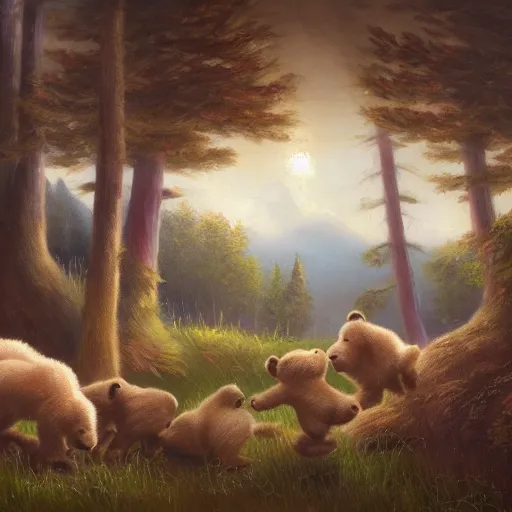 Prompt: cottage with three humanoid bear cubs in front, aesthetic, oil painting, pale colors, high detail, 8 k, wide angle, trending on artstation,