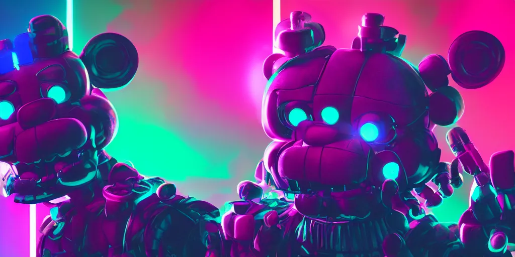 Image similar to fnaf freddy, cyberpunk, rgb, neon, hd, cinematic,