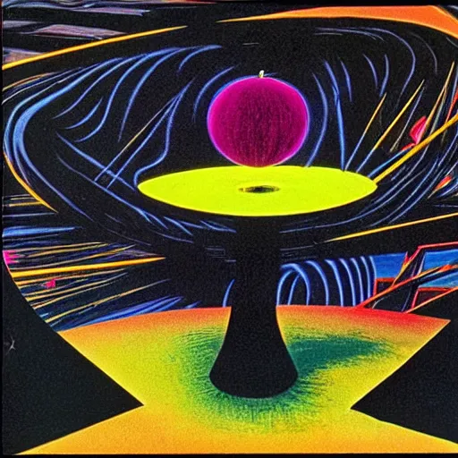 Image similar to dark black void filled with neon energy, extremely detailed masterpiece by dr. seuss and max ernst