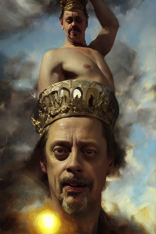 Prompt: beautiful oil painting portrait of ancient roman god emperor steve buscemi floating in the air wearing the civic crown levitating and ascending in a religious pose, ascension, art by anders zorn, wonderful masterpiece by greg rutkowski, expressive brush strokes, beautiful cinematic light, american romanticism by greg manchess, jessica rossier