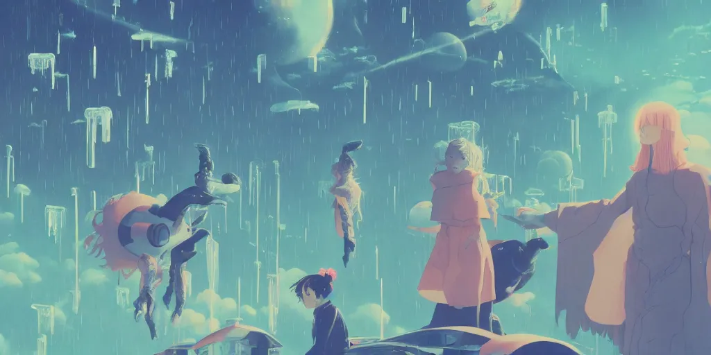 Image similar to sci - fi, risograph illustration, gigantic cat speaking to floating women in the air, cubes of ice around, a lot of tears, people crying, ominous, style by alberto mielgo, epic anime composition, super - detailed, full - shot, 8 k