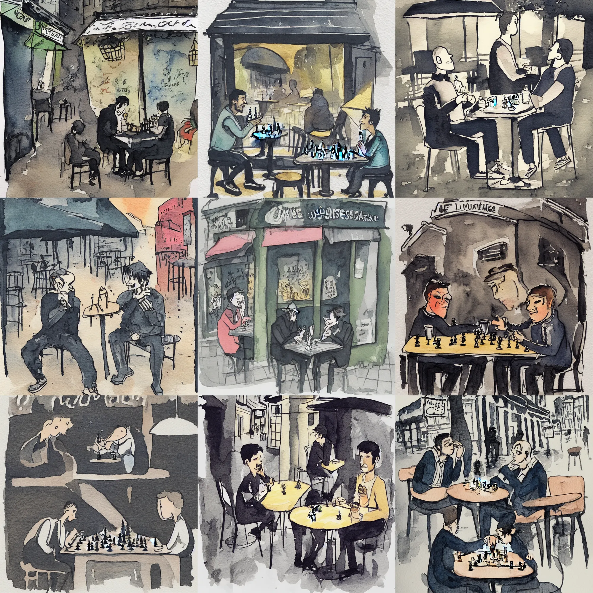 Prompt: Ink and watercolor illustration of !!!two men!!! sitting outside a café in the dark, !!playing chess!!, illustration by Luci Power