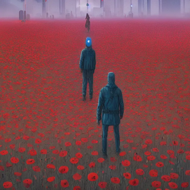 Prompt: A person at a music festival standing amongst tall poppies with speakers around portals, cyberpunk, epic surrealism, Detailed digital matte painting in the style of simon stalenhag and Bev dolittle Zdzislaw Beksinski, Greg Hildebrandt artstation, psychedelic