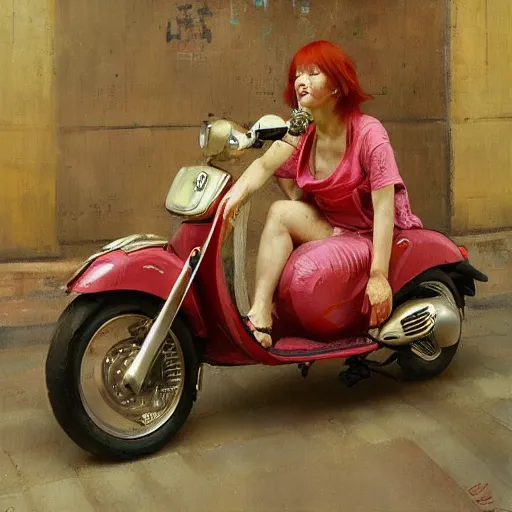 Image similar to the redhead vespa queen in hong kong, oil on canvas by ruan jia