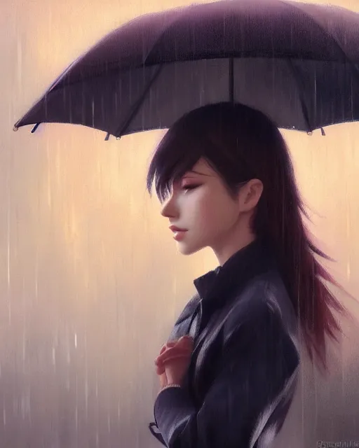 Prompt: A ultradetailed beautiful portrait panting of a stylish girl with an umbrella, rainy day, Oil painting, by Ilya Kuvshinov, Greg Rutkowski and Makoto Shinkai