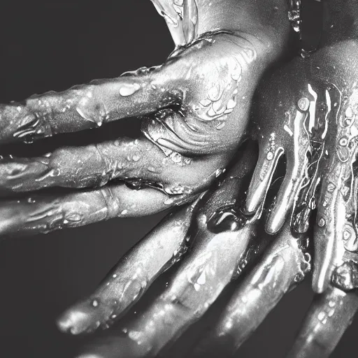 Prompt: wet sweating hands, macro, wide angle, elaborate, dripping wet hands, highly detailed, beautiful lighting