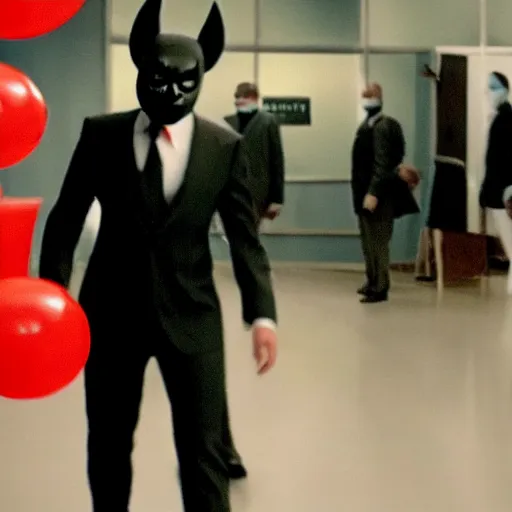 Image similar to blurry film still of a man wearing a suit and a latex mask of a clown from the dark knight's bank robbery scene