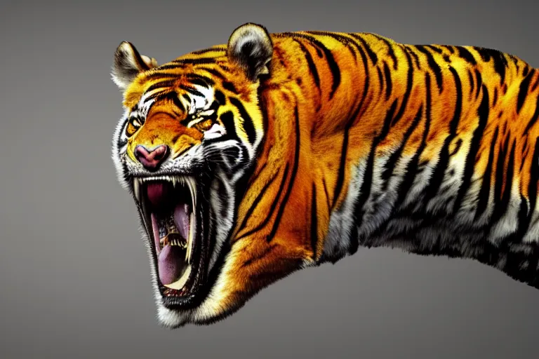 Prompt: An extremely bright studio photograph of a snarling tiger in the style of Salvador Dali, high-quality, professional, dramatic lighting, extremely high detail, trending on artstation