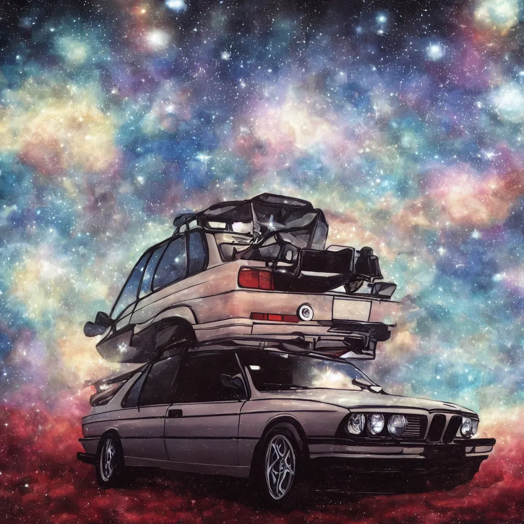 Image similar to bmw e30, alien planet background, hyperrealism, nebula