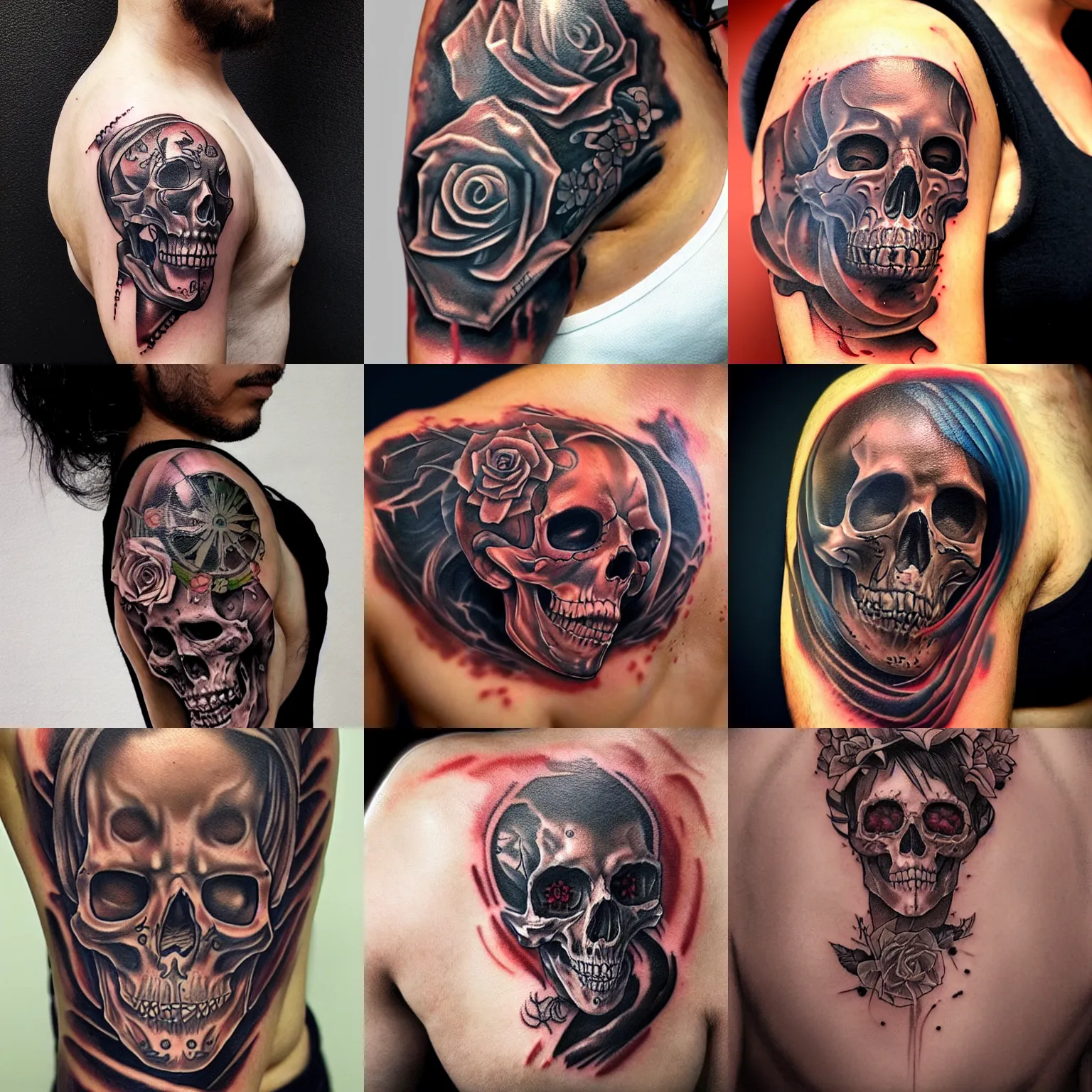 Prompt: muerte tattoo on shoulder by ruben barahona, intricate, extremely detailed, digital painting, artstation, concept art, smooth, sharp focus, illustration, intimidating lighting, incredible art,