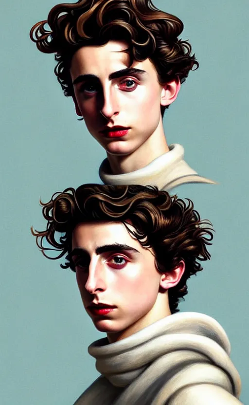 Image similar to Timothee Chalamet, the most beautiful androgynous man in the world, intense painting, sunny day, +++ super supper supper dynamic pose,  digital art, art by j.c leyendecker