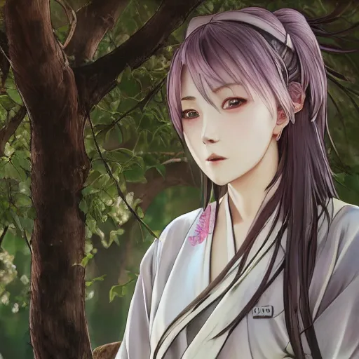 Image similar to side portrait of a girl walking, sakura tree in background, yukata clothing, battlefield in background, anime style, hair down, symmetrical facial features, from arknights, hyper realistic, 4 k, extreme detail, detailed drawing, trending artstation, realistic lighting, by alphonse mucha, greg rutkowski, sharp focus, backlit