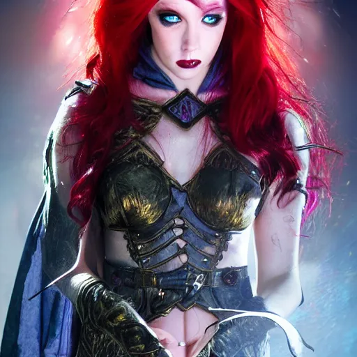 Prompt: beautiful female sorceress, dungeons and Dragons, red hair, glowing eyes, photoreal