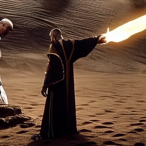 Image similar to a giant priest with skin that looks like black and white porcelain, the priest is wearing a golden armor and his back has wings made of electricity, the priest has a thurible in his hand, cinematic detailed dune movie still