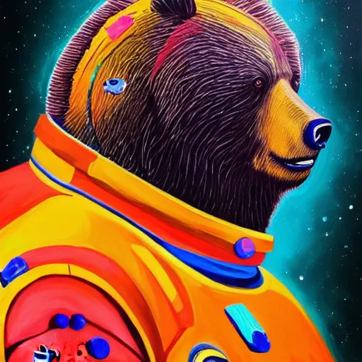 Image similar to a head and shoulder portrait of bear beast-man in space suit, painted in the colorful and expressive style of Kotwdq, trending on Artstation 8k photorealistic