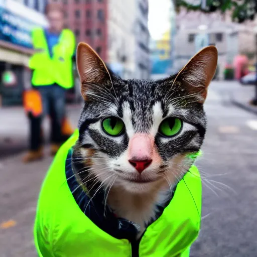 Prompt: smiling cat in a high vis jacket