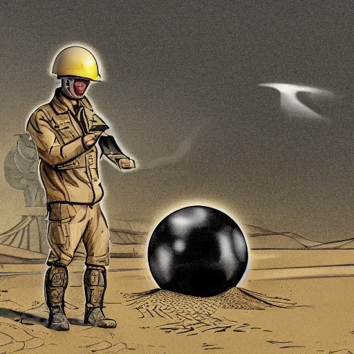 Image similar to in the distance, in the center of a large sand pit, there is a large golden ball in the sand, a broken excavator and a man in military uniform standing nearby, stylization of a book illustration, high - quality, depth of sharpness, focus on the object