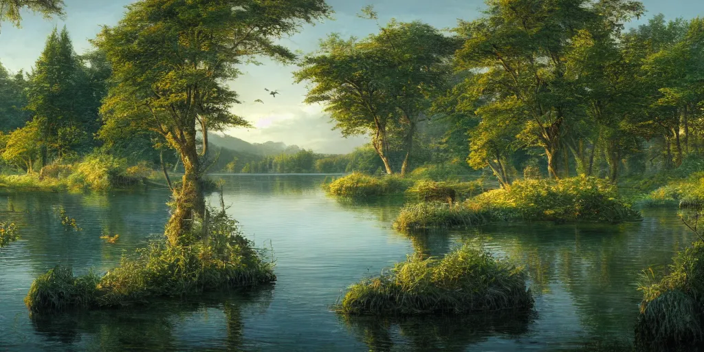 Image similar to a beautiful lake landscape in summer, by Ernest deutsch + Ted Nasmith, cinematic lighting, masterpiece, highly detailed, 8k resolution, trending on art station
