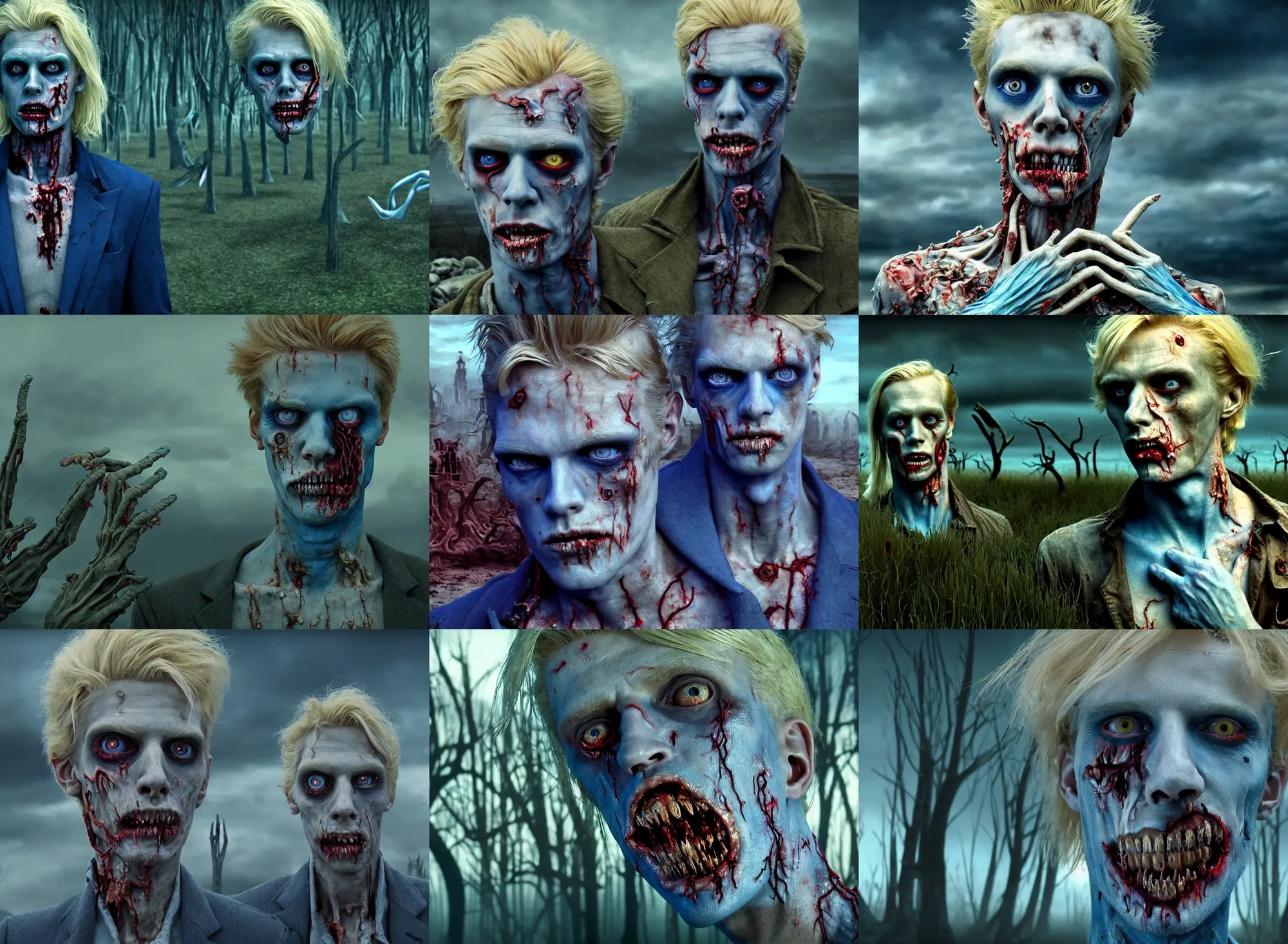 Prompt: realistic detailed portrait movie shot of an elegant blond male zombie, sci fi graveyard landscape background by denis villeneuve, jean deville, amano, yves tanguy, alphonse mucha, max ernst, caravaggio, roger dean, masterpiece, rich moody colours, blue eyes