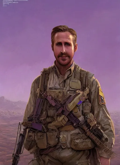 Image similar to purple scene lighting, detailed character portrait!!! concept art, older ryan gosling as a soldier with beard, short hair, in a soldier uniform, desert background, city skyline, sharp focus, illustration, highly detailed, digital painting, concept art, matte, art by wlop and artgerm and greg rutkowski, masterpiece