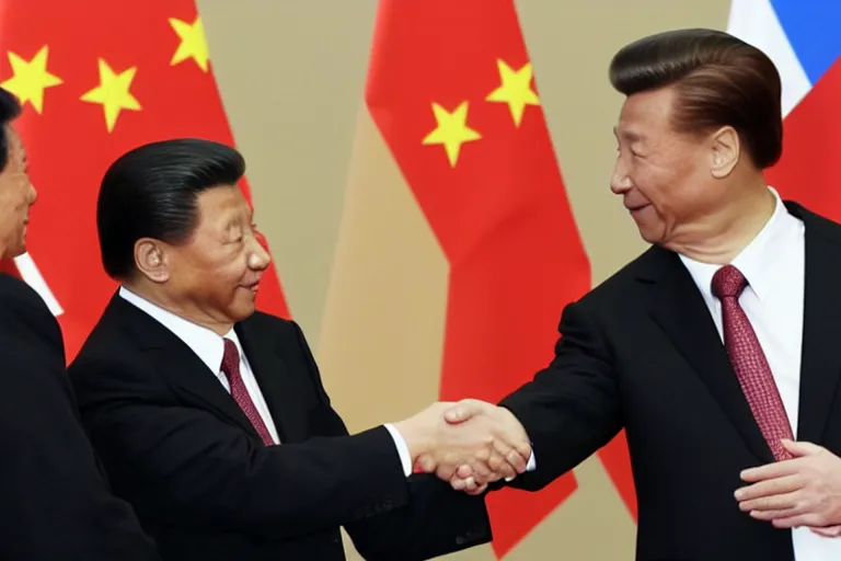 Prompt: xi jinping and arnold schwarzenegger shaking hands