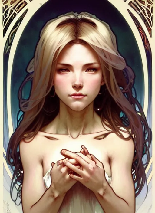 Image similar to digital character concept art by artgerm and greg rutkowski and alphonse mucha. clear portrait of a young wife blessed by god to uncontrollably become overwhelmingly perfect!! blonde, casually clothed! obviously feminine holy body!! light effect. hyper detailed, glowing lights!! intricate, elegant, digital painting, artstation, smooth, sharp focus