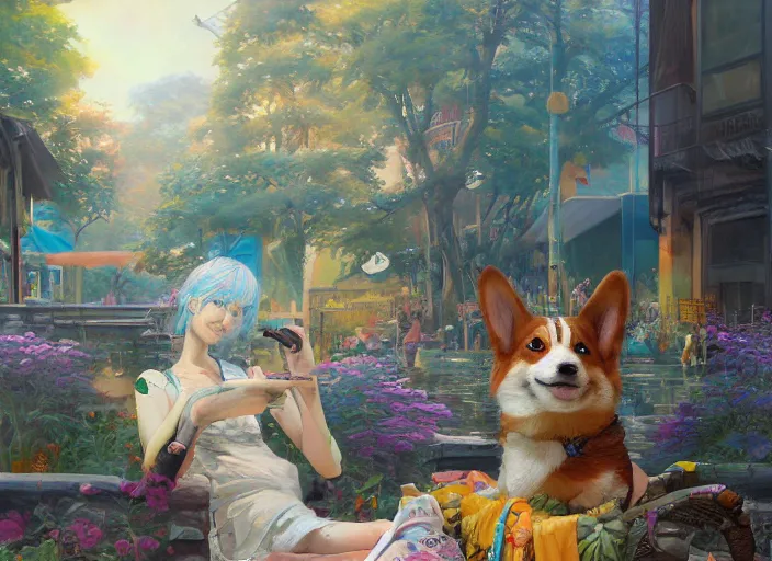 Prompt: beautiful anime painting of solarpunk summer chill day with corgi, by Tim Okamura, Victor Nizovtsev, Greg Rutkowski, Noah Bradley. trending on Artstation, 8k, masterpiece, graffiti paint, fine detail, full of color, intricate detail, golden ratio illustration