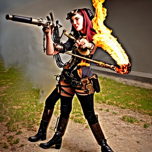 Image similar to photo of a female steampunk warrior with a flamethrower