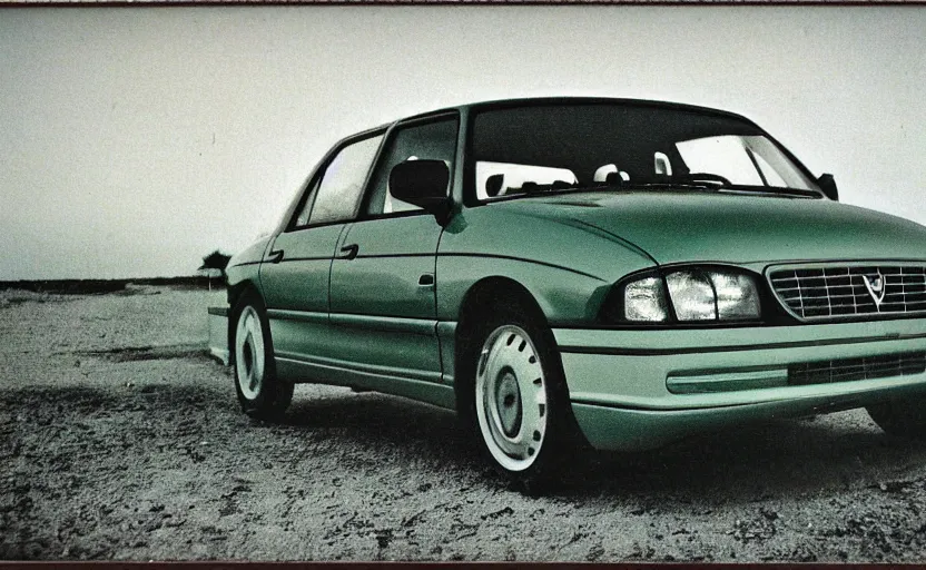 Image similar to vintage polaroid photograph of a 1998 volvo car parked in the parking lot of a beach, photograph tinted green