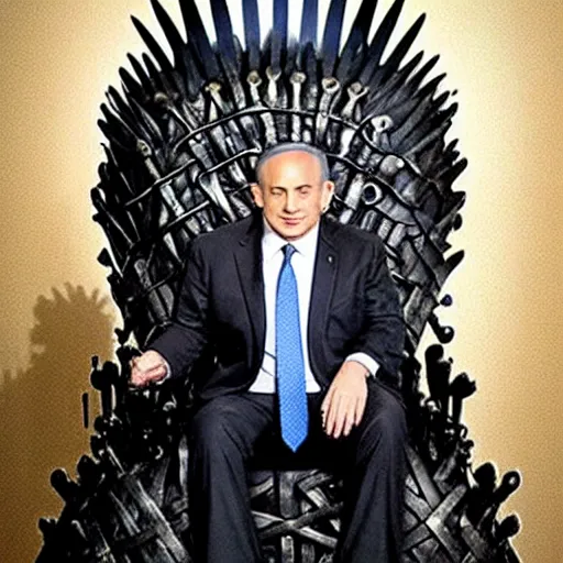 Prompt: “Benjamin Netanyahu sitting on the iron throne, 4k, award winning, realistic, scene from game of thrones”