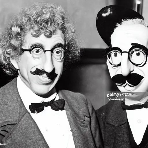 Prompt: harpo marx and groucho marx dines together. harpo marx does not wear a moustache