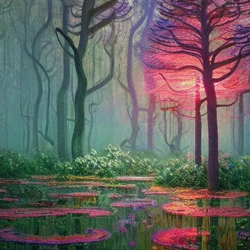 Image similar to Magical fairy forest by Simon Stålenhag and Claude Monet