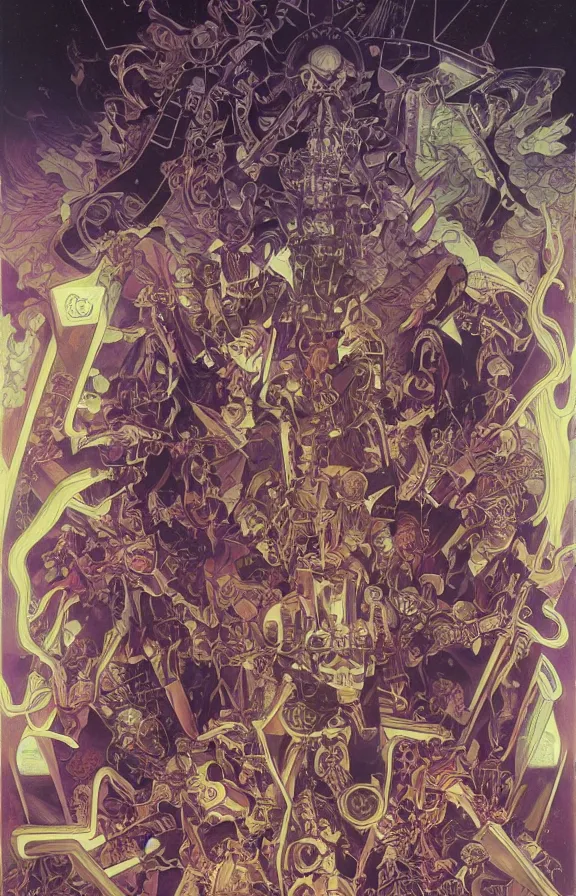 Prompt: occultist scientists doing blood sacrifices to summon extradimensional gundam, occult giant robot power armor etched with glowing magical runes by m. c. escher, beeple, greg rutkowski and alphonse mucha. 8 k hd resolution, chihuly