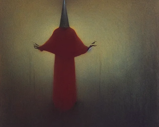 Prompt: by francis bacon, beksinski, mystical redscale photography evocative. devotion to the scarlet woman, priestess in a conical hat, vision quest, insight