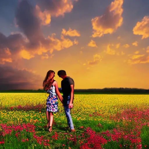 Image similar to a young couple holding hands in a field of flowers at sunset, cartoon