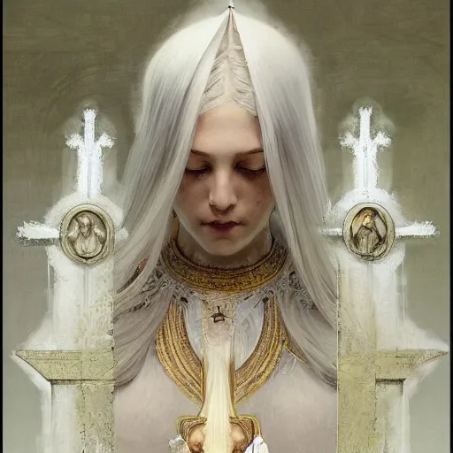 Prompt: portrait of a beautiful ethereal delicate roman catholic bishopress meditative sacral pose catholic stages of the cross, white hair, intricate, elegant, highly detailed, digital painting, artstation, concept art, smooth, sharp focus, illustration, art by krenz cushart and artem demura and alphonse mucha