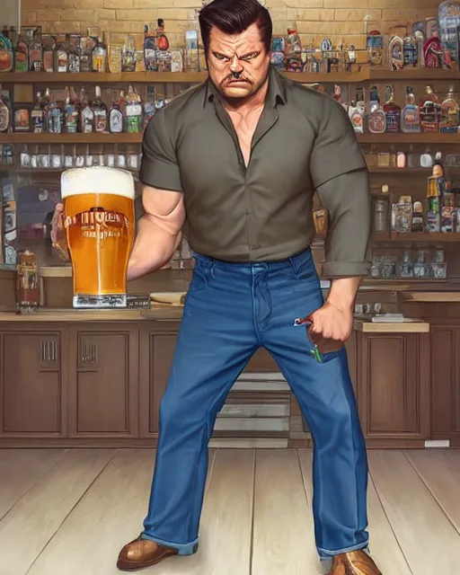 Image similar to gigachad ron swanson bodybuilder holding a pint of beer in final fight kitchen by ilya kuvshinov, ernest khalimov body by krista sudmalis, fantasy character portrait, ultra realistic, concept art, intricate details, elegent, digital painting, smooth, sharp focus, illustration, art by artgerm and greg rutkowski and alphonse mucha, artstation