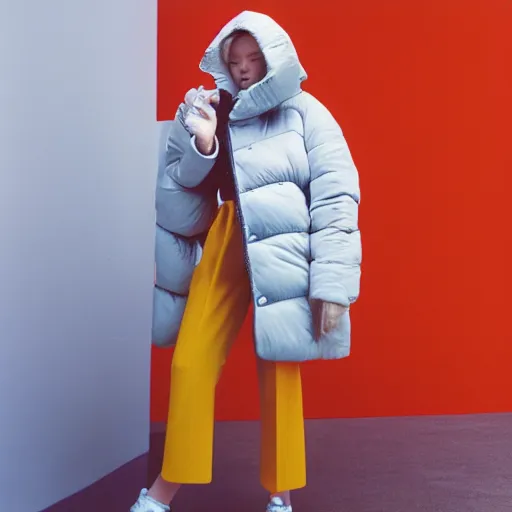 Image similar to realistic photoshooting for a new balenciaga lookbook, color film photography, portrait of a blonde asian woman, model wearing a puffer jacket, photo in style of tyler mitchell, 3 5 mm,