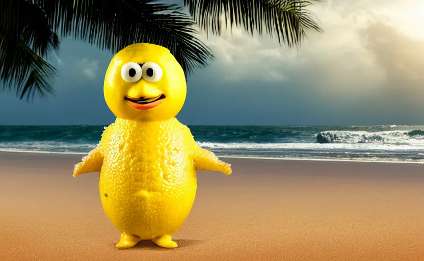 Image similar to 5 0 mm photograph, of a real anthropomorphic lemon character, fit, with lemon skin texture, it is wearing a hat and scuba diving, building a sandcastle on the beach at sunset, beach, huge waves, sun, clouds, tropical trees, rim light, cinematic photography, professional, sand, sandcastle, volumetric lightening